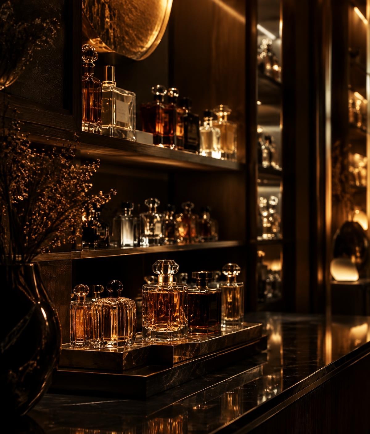 Perfume bottles glowing on boutique shelves